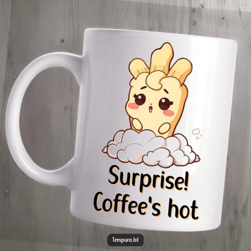 Funny mug featuring a tempura character with a surprised wink emerging from a pile of steam, a humorous and delightful gift.