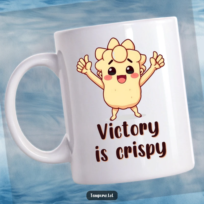 Funny mug featuring a tempura character striking a bold, triumphant pose with a proud and humorous expression.
