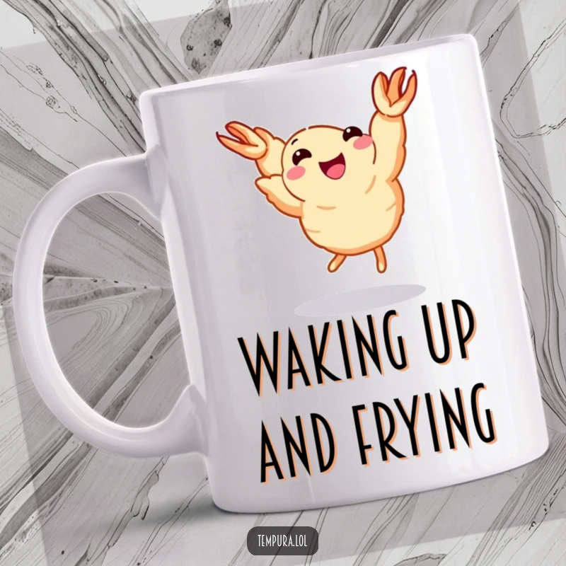 Funny Dancing Shrimp Mug: A piece of tempura shrimp with tiny legs is joyfully dancing, full of happy energy.