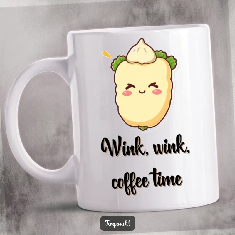 Funny tempura vegetable winking with a playful expression on a mug, representing a cheeky and delightful food character.