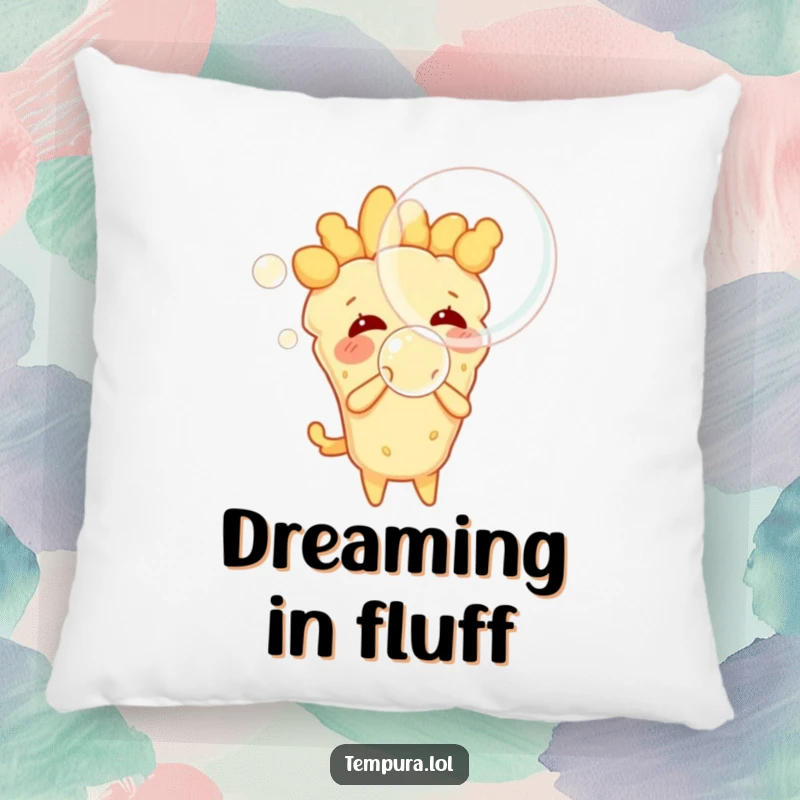 Funny tempura character exhaling a large, colorful bubble, soft pillow design for humorous home decor.
