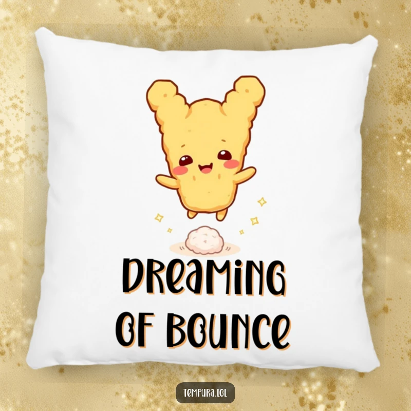 Funny tempura character happily bouncing a tiny sparkling rice ball, perfect for a cozy and funny pillow.