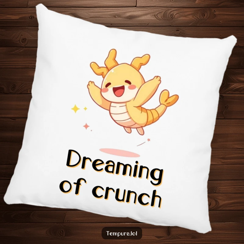 Funny pillow featuring a crispy tempura shrimp character leaping joyfully, trailing sparkles, perfect for adding a touch of foodie humor.