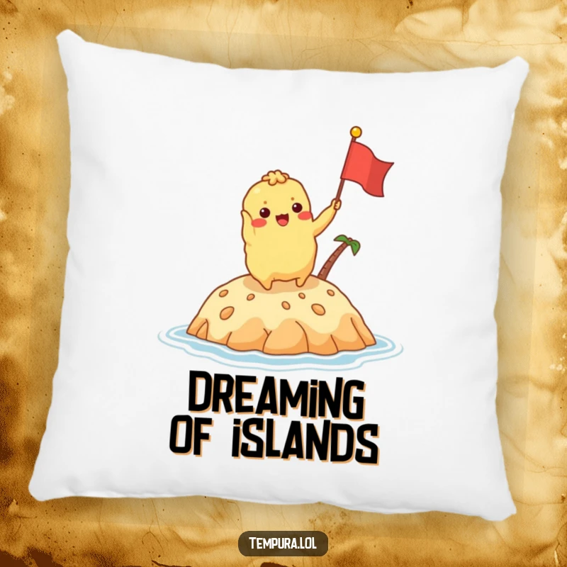 Funny tempura character excitedly waving a tiny flag on a delicious island on a soft pillow, perfect for tropical dreams.