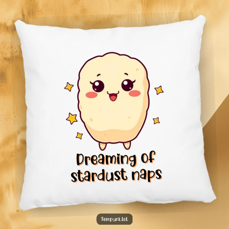 Funny Pillow decorated with a cute tempura character joyfully juggling small, shimmering stars.