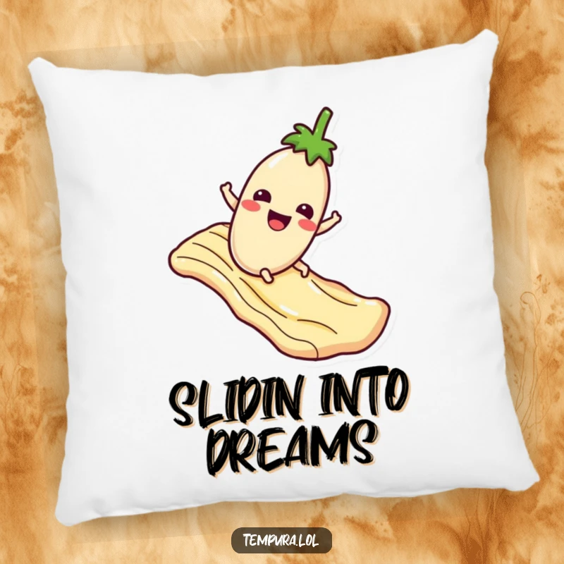 Funny Pillow: A happy tempura eggplant sliding down a sauce slide, designed for cozy comfort and humorous appeal.