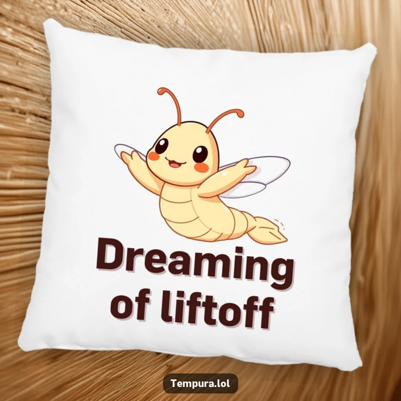 Funny Flying Tempura Shrimp Pillow, illustrated attempting to fly, offering comfort and a humorous nudge to pursue your goals.