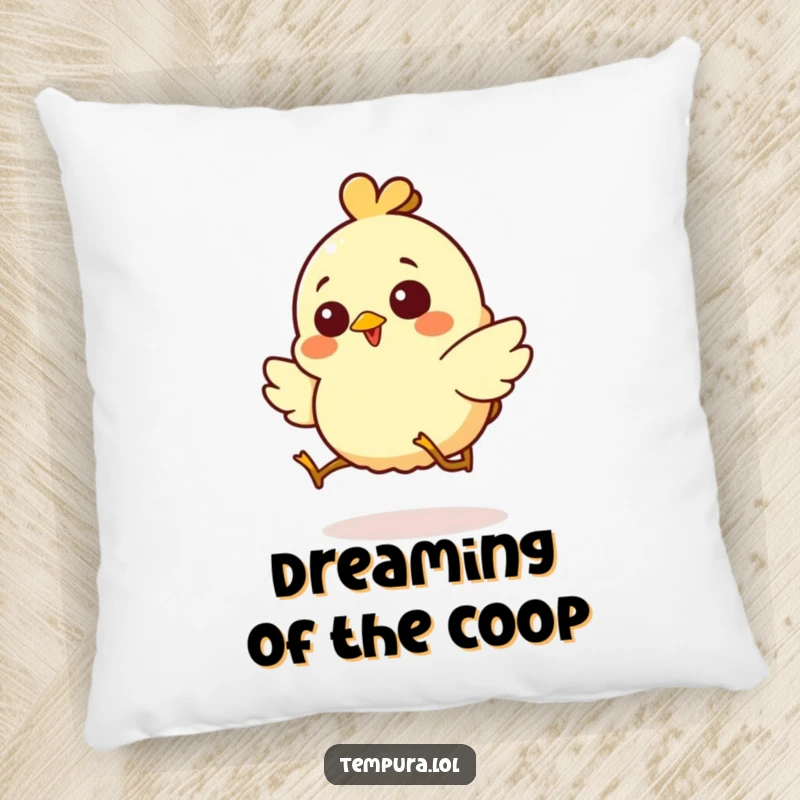 Funny pillow with a giggling chicken tempura character in a comical hop, offering a soft touch of humor.