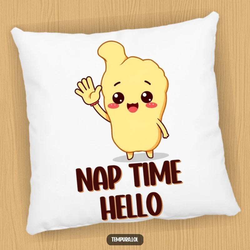 Funny tempura character giving an enthusiastic wave hello, a soft pillow for humorous and cozy decor.