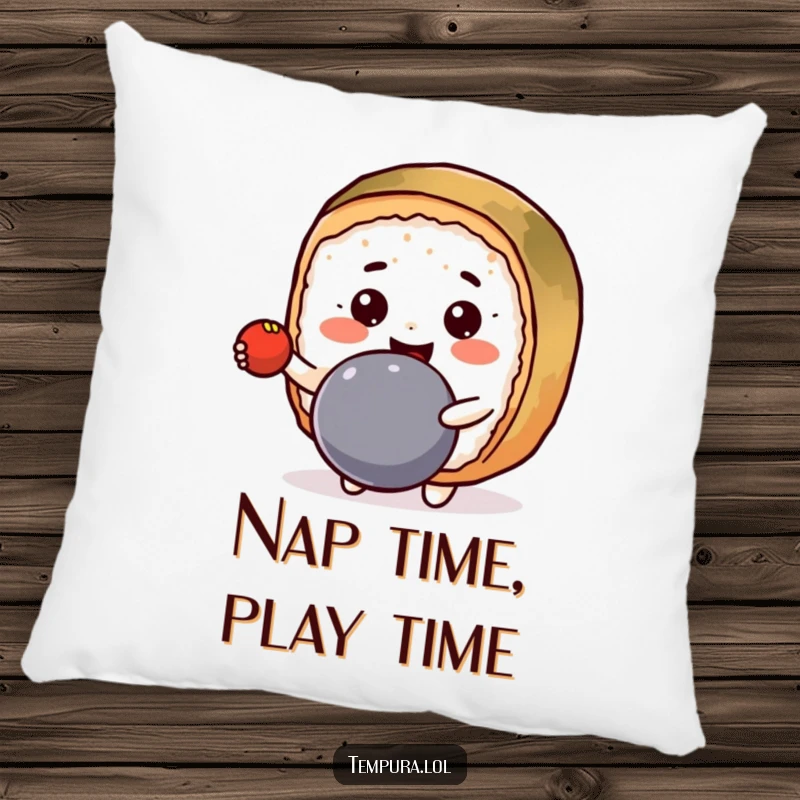 Funny Pillow decorated with a happy Kawaii sushi roll character bouncing a ball with a wide grin.
