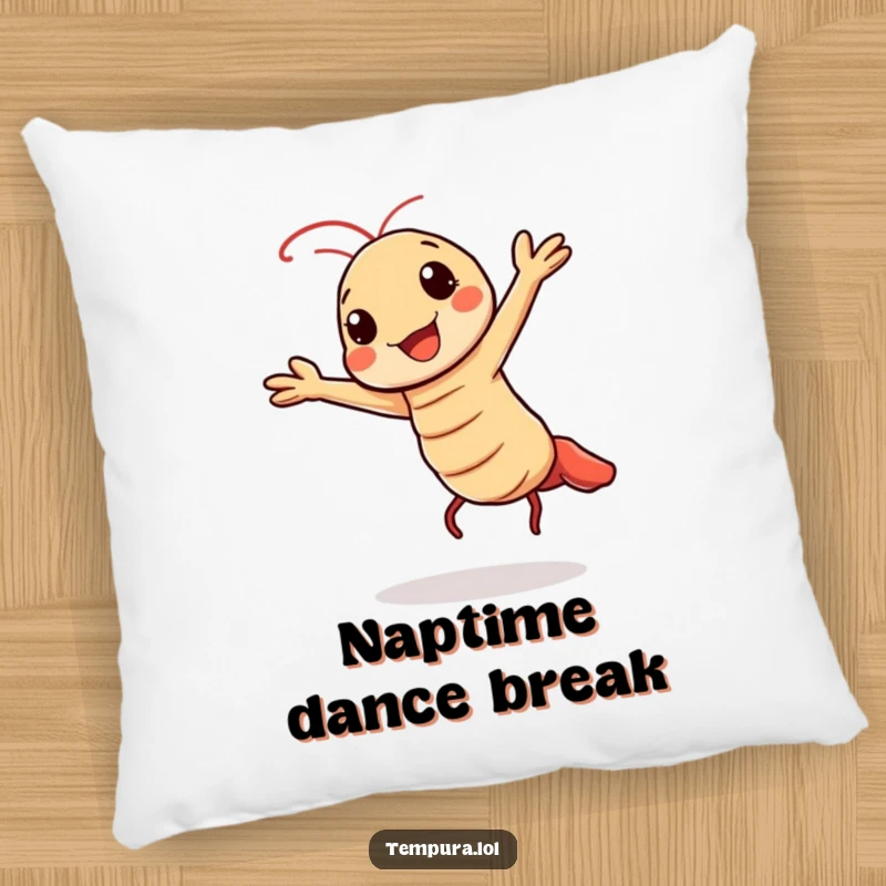 Funny pillow with a Kawaii tempura shrimp character doing a cheerful, energetic dance.