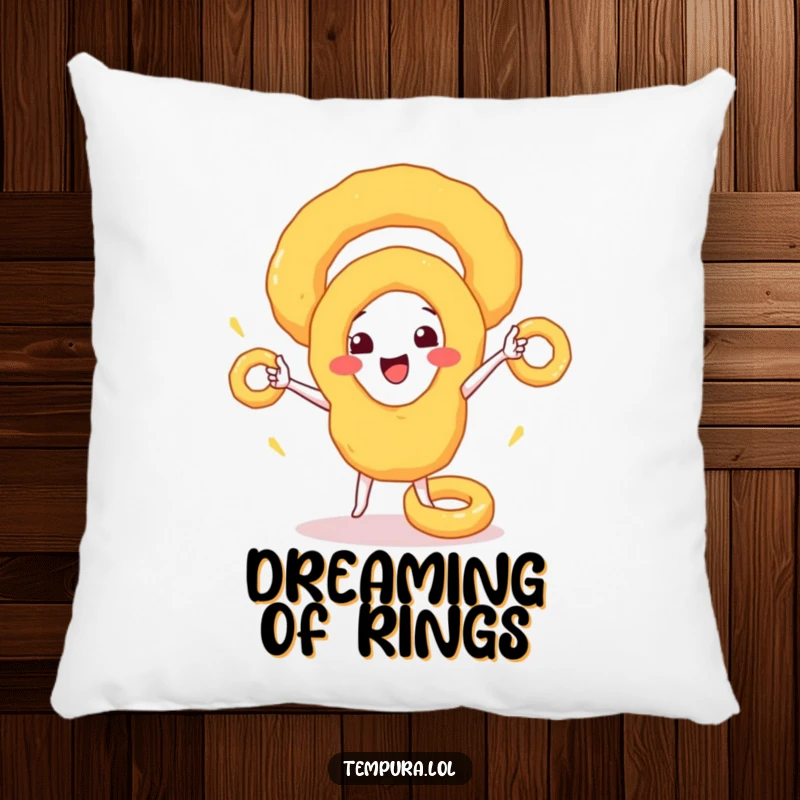 Funny Pillow: A happy tempura onion ring juggling smaller rings, designed for cozy comfort and humorous appeal.