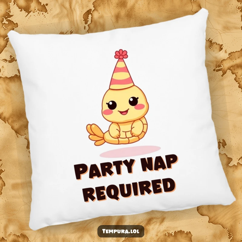 Funny Shrimp Tempura Pillow: A soft pillow featuring a shrimp tempura character wearing a funny party hat.