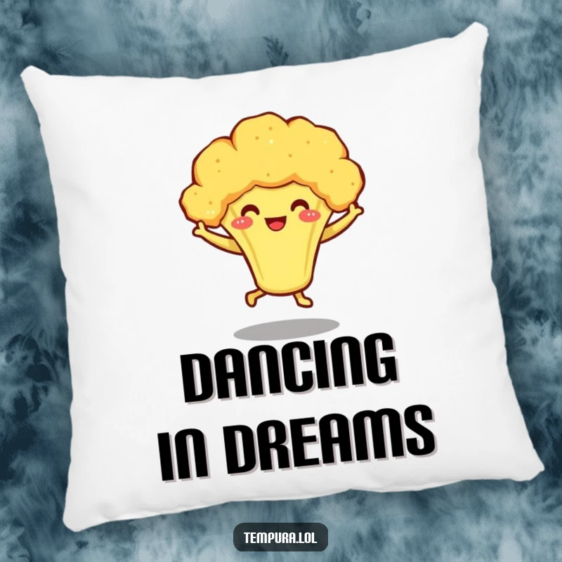 Funny pillow featuring a smiling tempura broccoli character dancing joyfully on little legs, perfect for adding veggie humor.