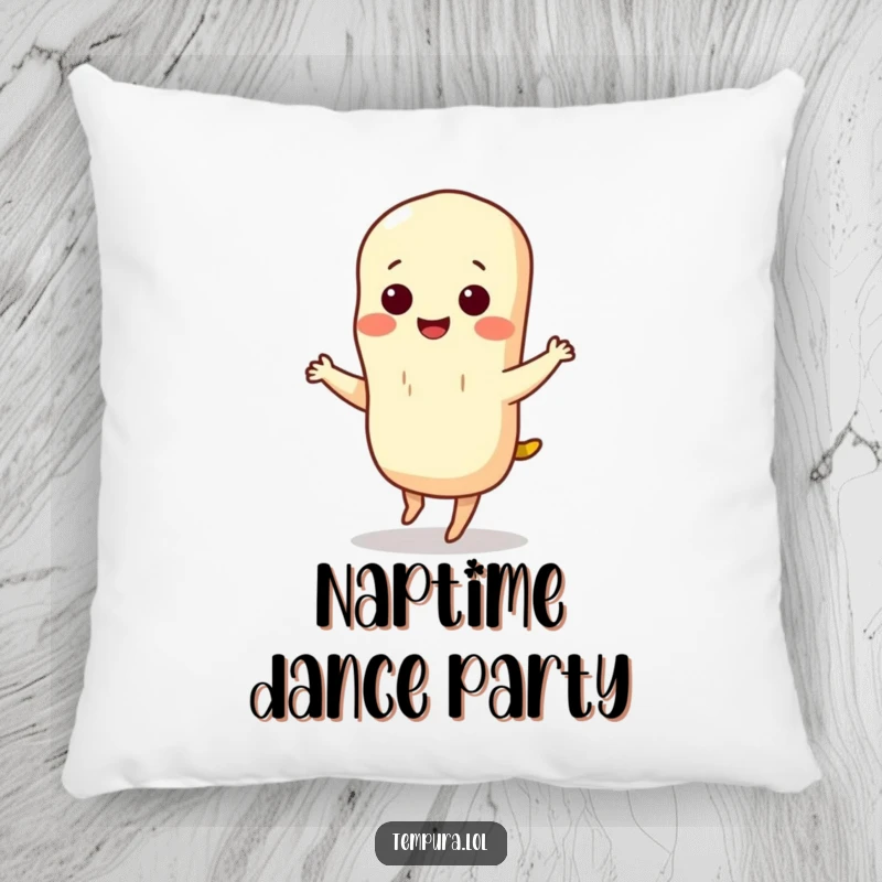 Funny tempura pillow with a smiling tempura character performing a cute and silly dance, bringing a burst of happiness to any cozy space.