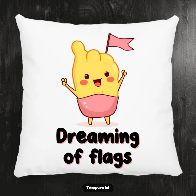 Funny Tempura Pillow depicting a tempura piece enthusiastically waving a small flag, adding comfort and cheerful food-themed decor.