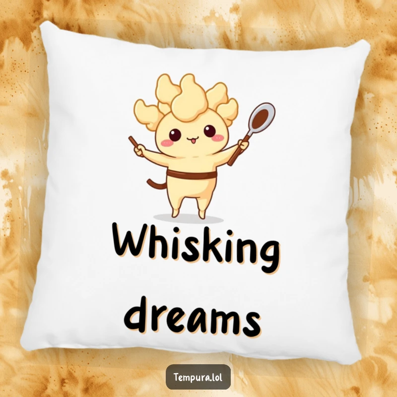 Funny Tempura Pillow: An anthropomorphic fried food character juggling a whisk and spoon, offering a soft, humorous, and decorative accent for any room.