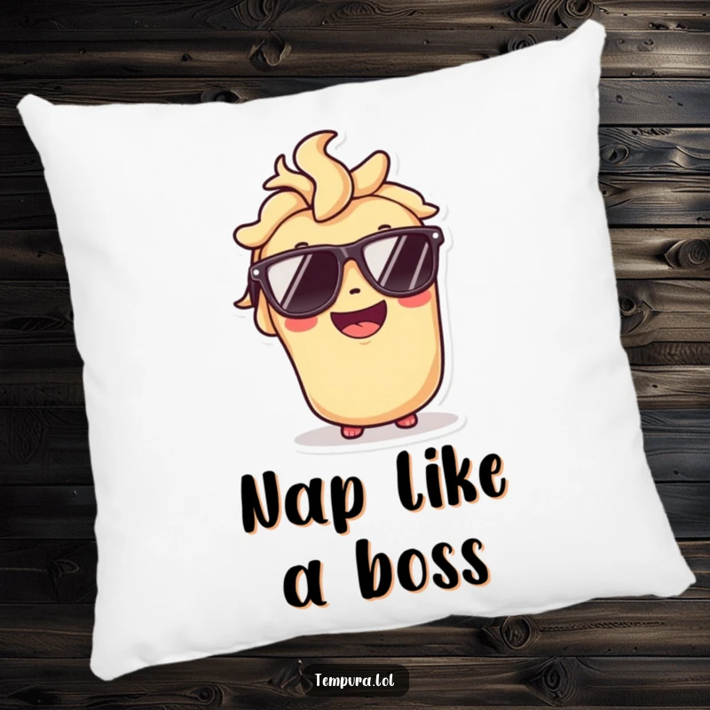Funny pillow featuring a tempura roll character in sunglasses with a big smile, adding cool comfort to any room.