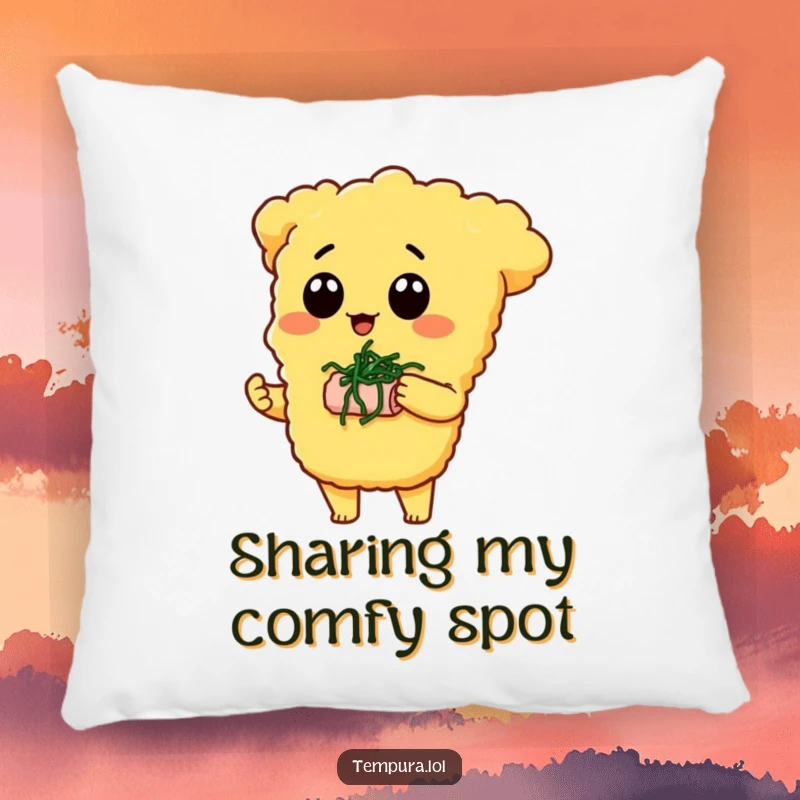 Funny Tempura Fish Pillow: A tempura piece offers a tiny seaweed snack, providing humorous comfort and a sweet, sharing message.