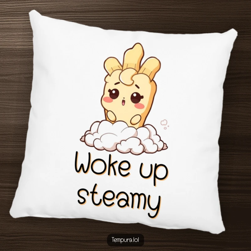 Funny pillow featuring a tempura character with a surprised wink emerging from steam, offering comfort and humor for any room.