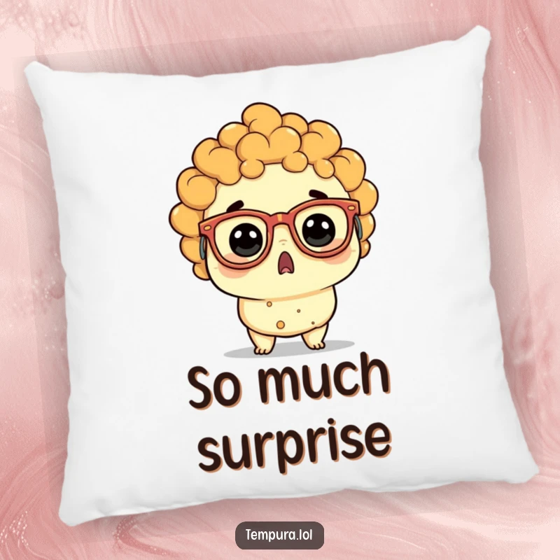 Funny tempura character with large, quirky spectacles, wide-eyed in comical surprise, a soft decorative pillow.