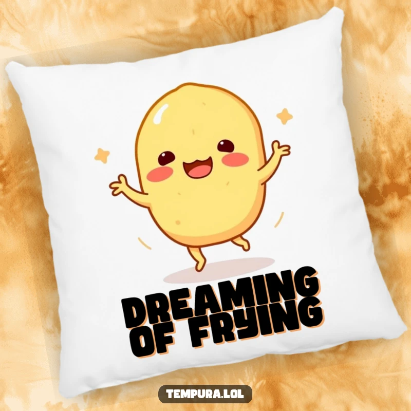 Funny Tempura Sweet Potato Pillow: A soft pillow featuring a tempura sweet potato character in a funny happy dance pose.
