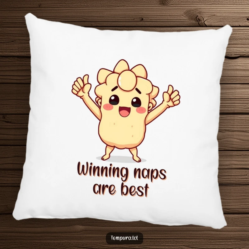 Funny pillow depicting a triumphant tempura character celebrating a humorous victory, perfect for cozy relaxation.