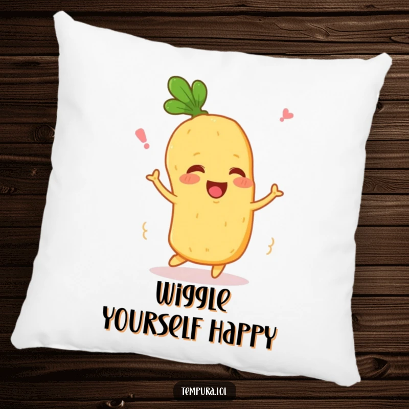 Funny Wiggling Veggie Pillow: A soft pillow with a happily wiggling tempura vegetable, offering comfort and cute, food-themed humor.
