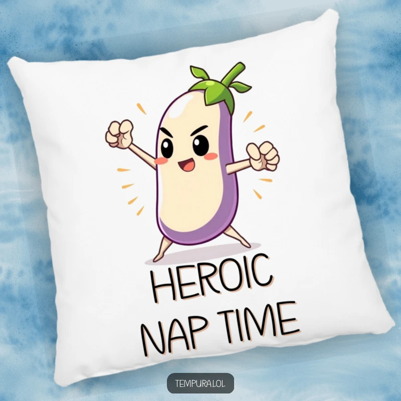 Funny Heroic Tempura Eggplant Pillow featuring a tempura eggplant character in a dramatic, heroic pose, providing comfort and a humorous, epic accent.