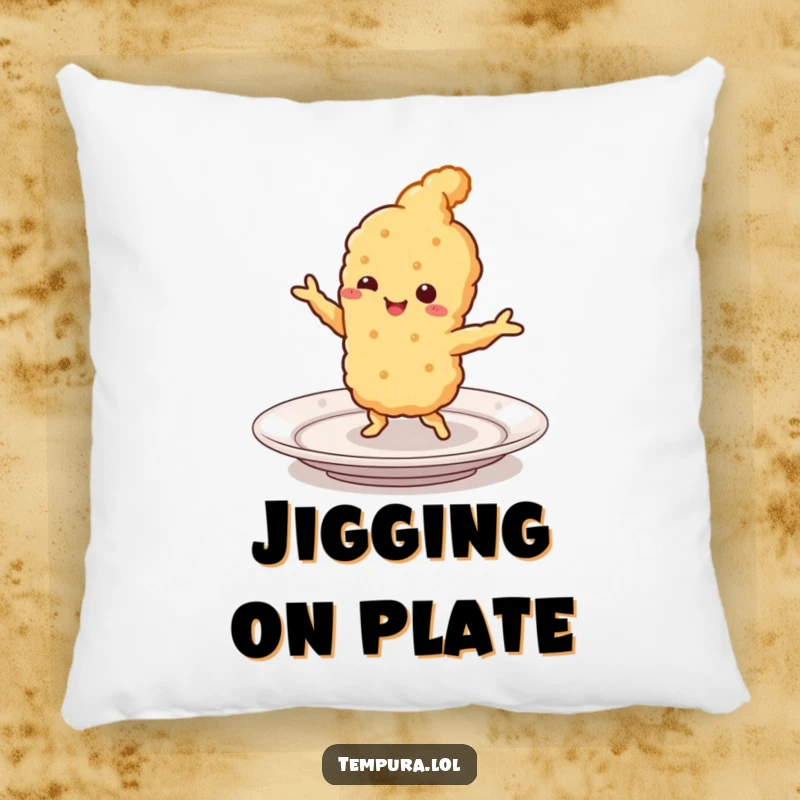 Funny Tempura Pillow: A smiling piece of fried food doing a lively jig on a plate, offering a soft, humorous, and decorative accent for any room.