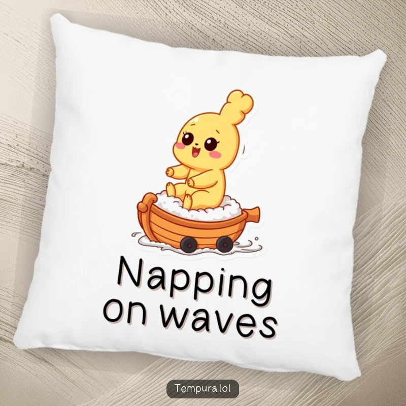 Funny tempura character riding a small sushi boat on a soft, decorative pillow, adding a touch of whimsy.