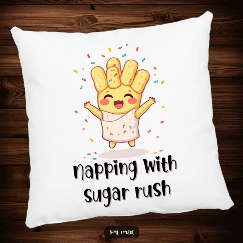 Funny pillow featuring a happy tempura character juggling colorful sprinkles, perfect for adding comfort and humor to any room.