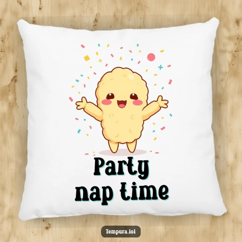 Funny pillow with a Kawaii tempura shrimp character with arms outstretched, embracing a shower of confetti.