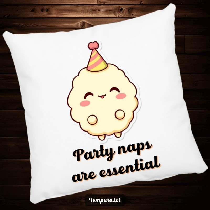 Funny Tempura Fish Pillow: A tempura piece wears a small party hat, offering humorous comfort and a festive touch to your decor.