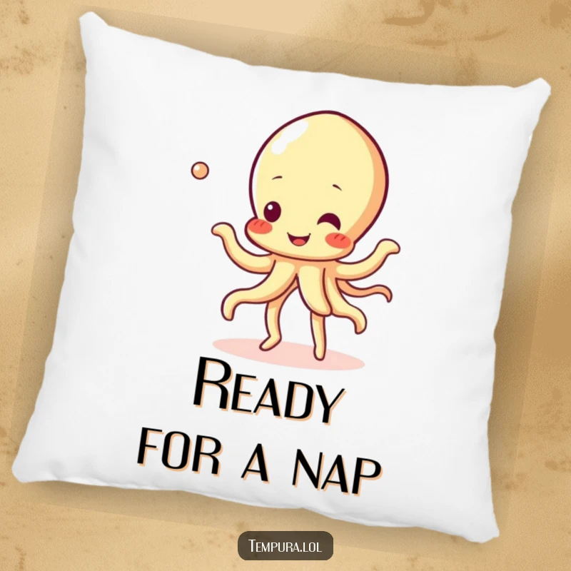 Funny Tempura Squid Pillow showcasing a happy tempura squid character in mid-bubbly dance, adding humor to any room.