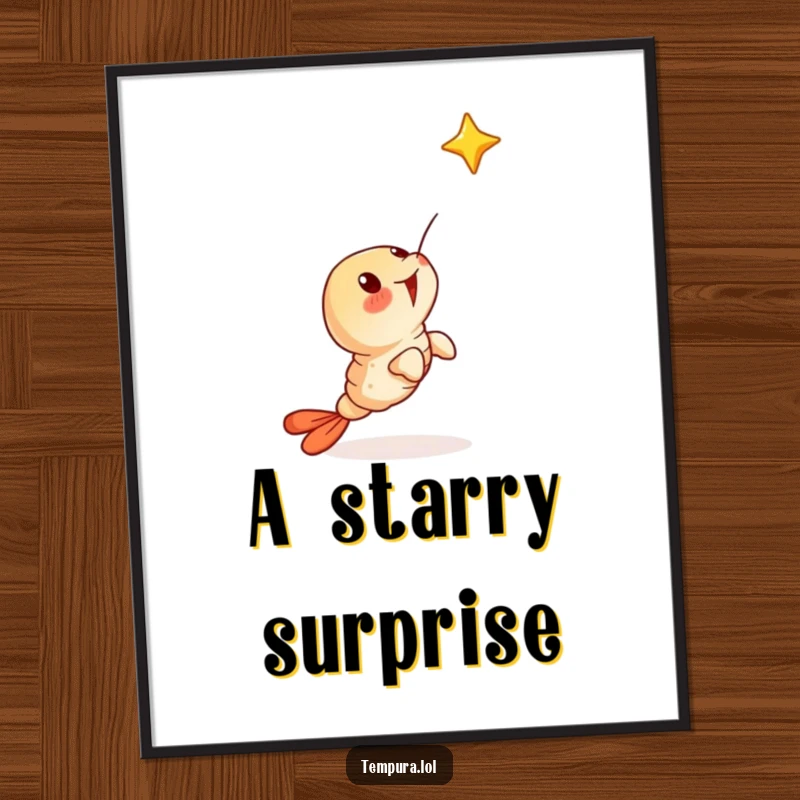 Funny digital art print of a surprised tempura shrimp character looking up at a falling star, full of wonder.