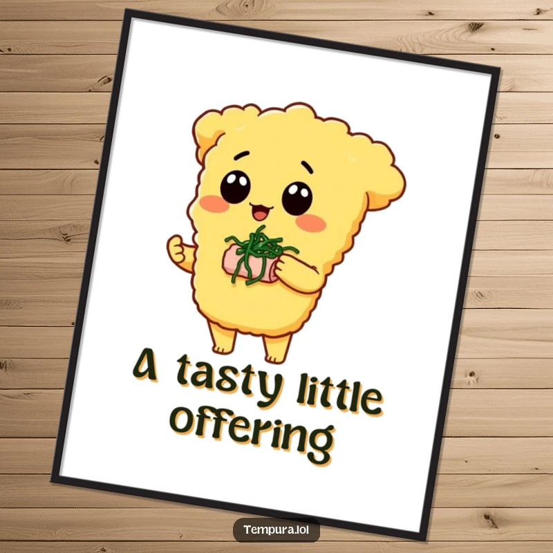 Funny Tempura Character Digital Art Print: A tempura piece offers a tiny seaweed snack, presenting a humorous and heartwarming scene of giving.
