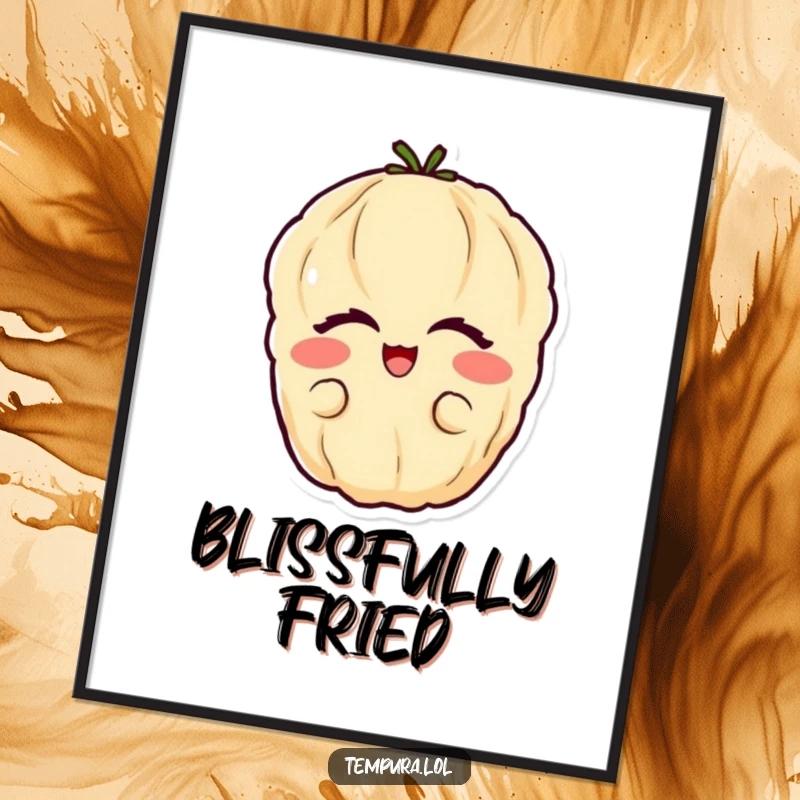 Funny vegetable tempura digital art print showcasing a happy tempura vegetable with eyes closed in pure glee.