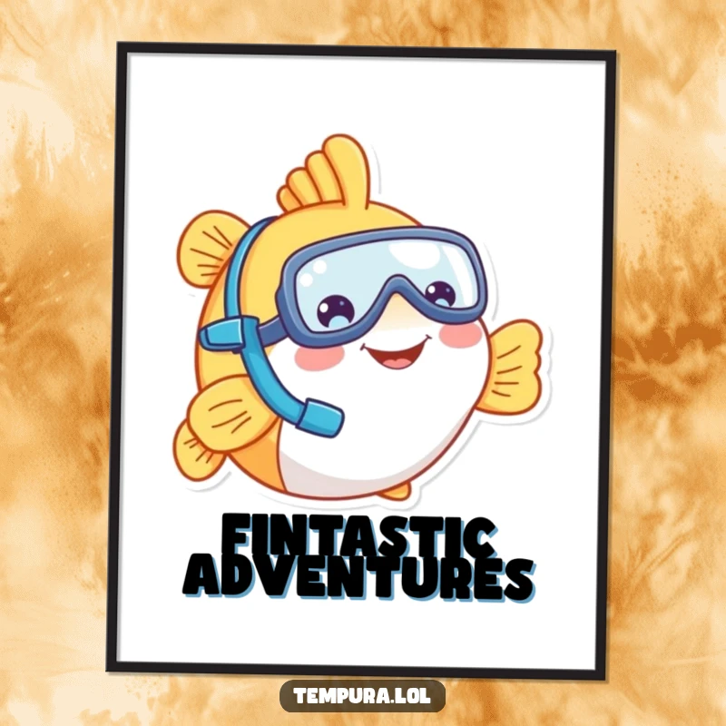 Funny tempura fish wearing a tiny snorkel, smiling brightly, a digital art print for instant funny wall decor, a great gift.