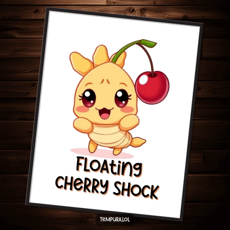 Funny Tempura Shrimp Digital Art Print: A character with wide, surprised eyes reacting comically to a floating cherry, embodying shock.
