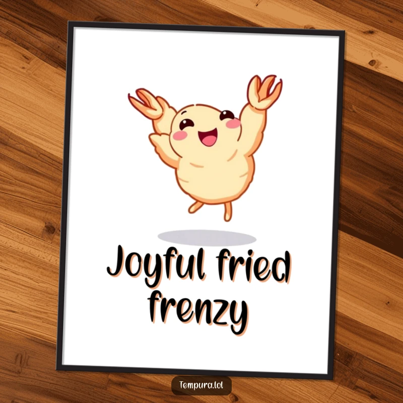 Funny Dancing Shrimp Digital Art Print: A tempura shrimp with tiny legs dances joyfully, creating a funny and appetizing wall decoration.