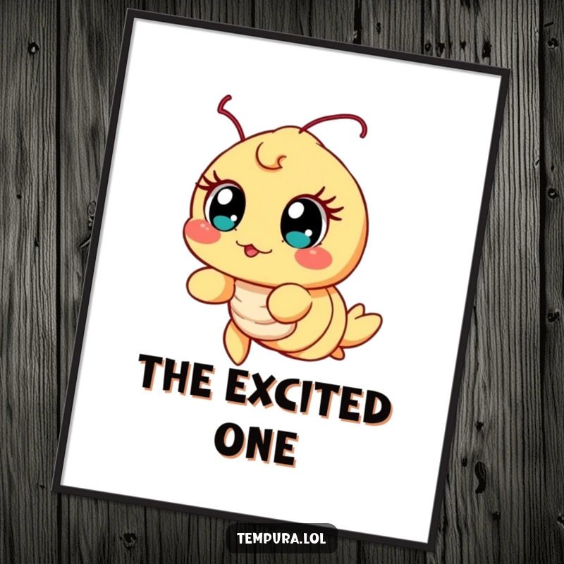 Funny Excited Shrimp Digital Art Print, illustrated with wide, excited eyes, ideal for instant, joyful, and humorous wall decor.