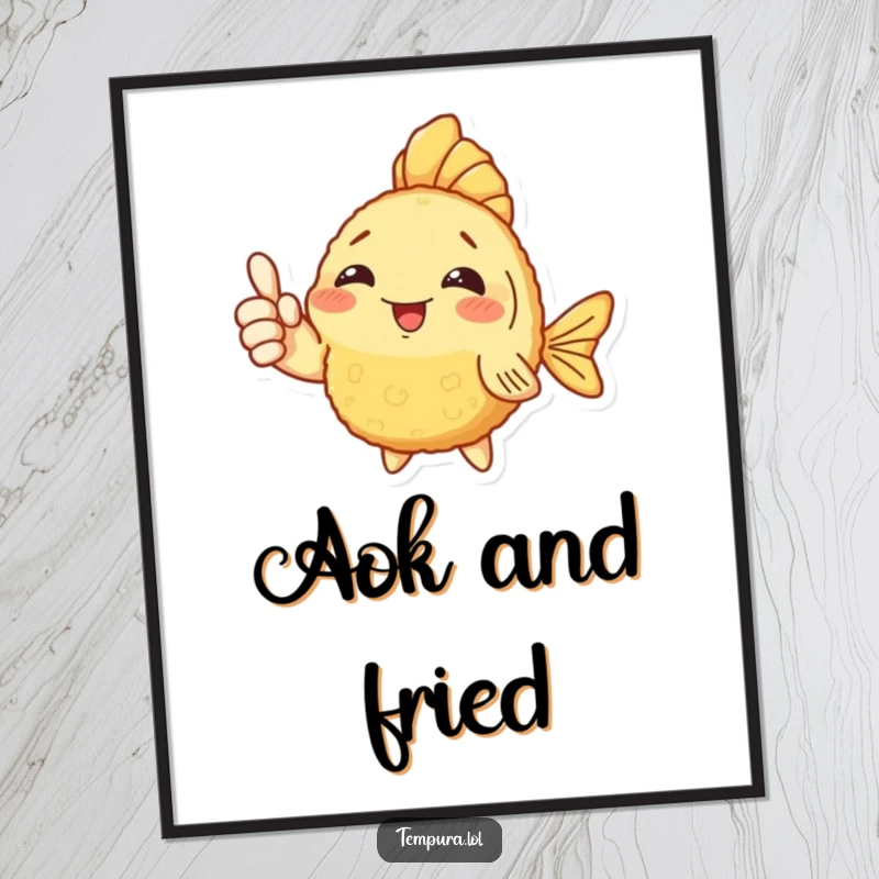 Funny Fish Tempura Digital Art Print: A fish tempura character gives a funny thumbs up, ready for printing.