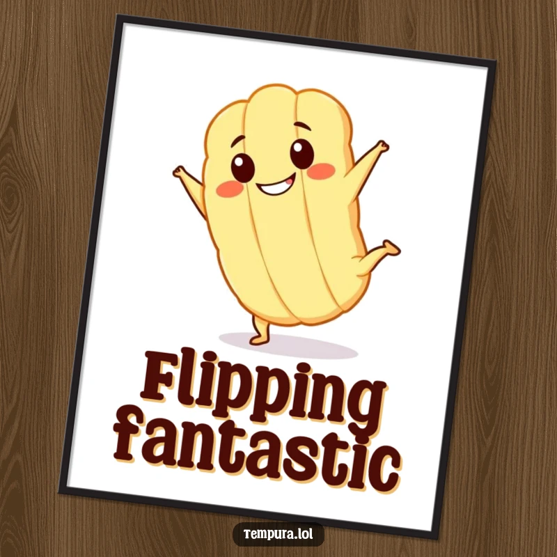 Funny Kawaii tempura character with a big grin, doing a cartwheel in a digital art print, full of playful energy.