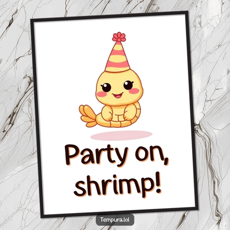 Funny Shrimp Tempura Digital Art Print: A shrimp tempura character wearing a party hat, ready for printing.