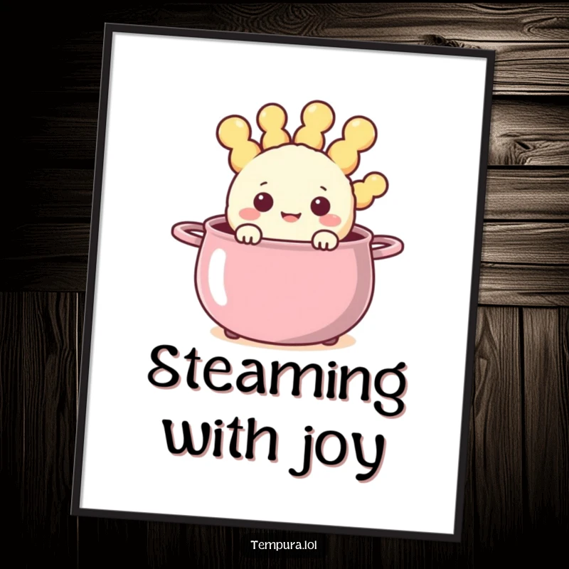 Funny happy tempura character peeking out from a steaming, cheerful pot in a digital art print, full of warmth.