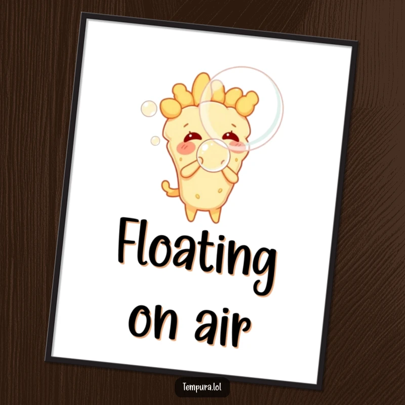 Funny tempura character playfully blowing a large, translucent bubble, downloadable digital art print for humorous decor.