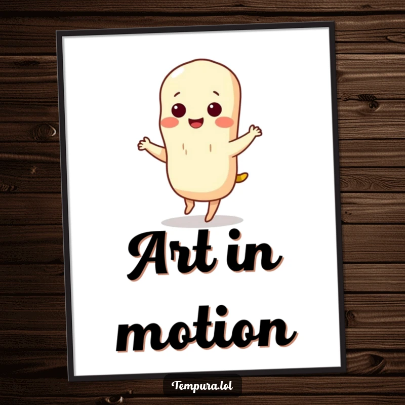 Funny tempura digital art print of a smiling tempura character in a dynamic pose, mid-silly dance, radiating pure, unadulterated fun and happiness.