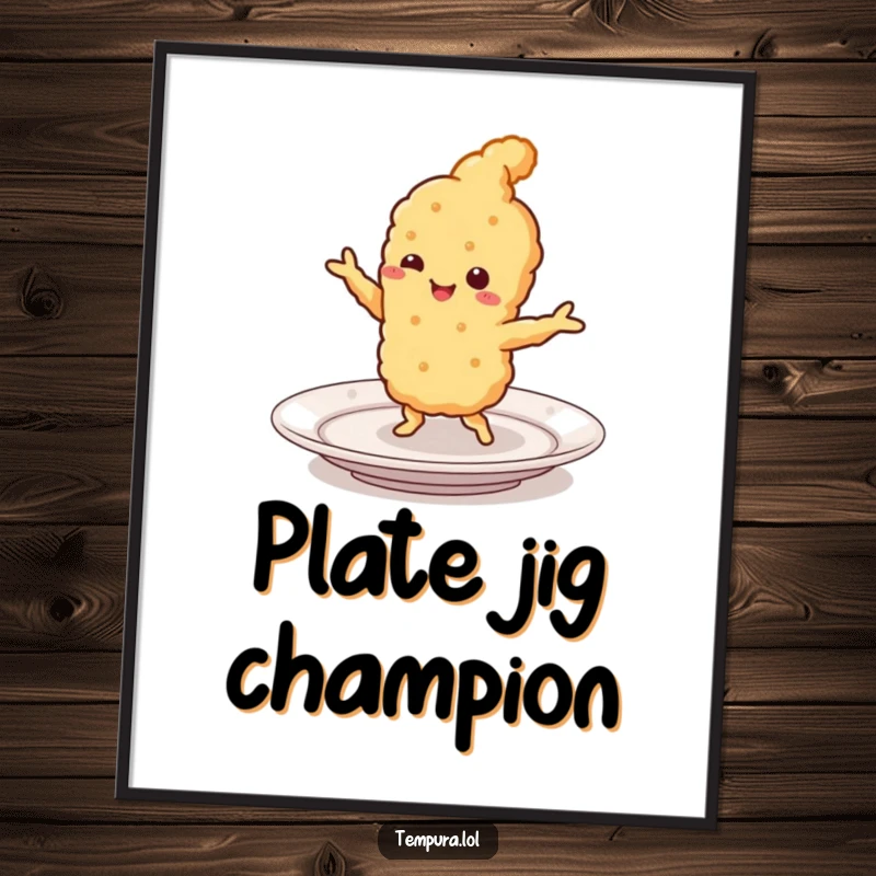 Funny Tempura Digital Art: A smiling piece of fried food doing a lively jig on a plate, capturing a moment of pure, humorous culinary delight for wall decor.