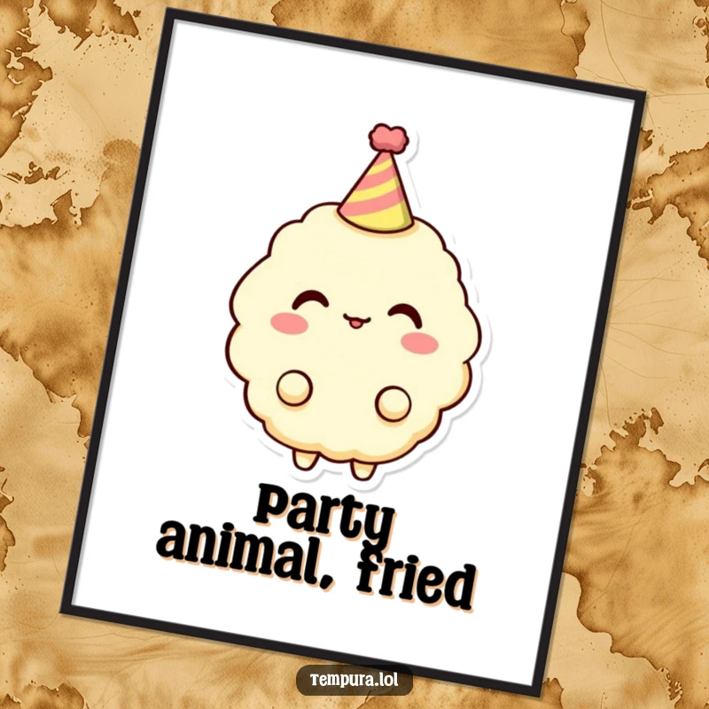 Funny Tempura Character Digital Art Print: A tempura piece wears a small party hat, presenting a humorous and festive visual.